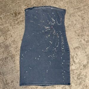 Denim Strapless Embellished Dress - Small